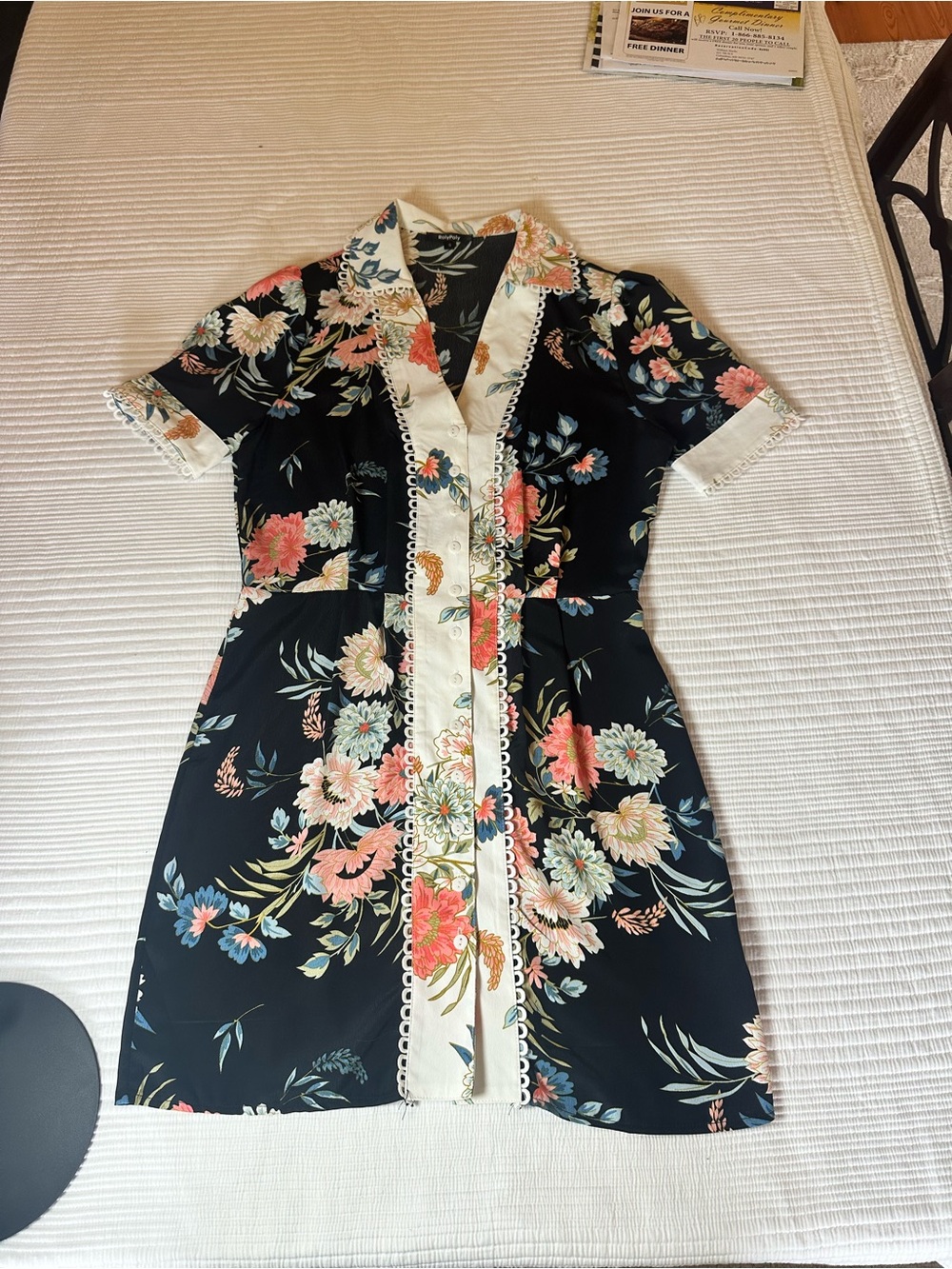 Black Floral Trim Button-Front Mini Dress